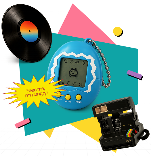 Blue virtual pet toy with ‘Feed me, I’m hungry!’ text, vinyl record, and instant camera on colorful shapes.