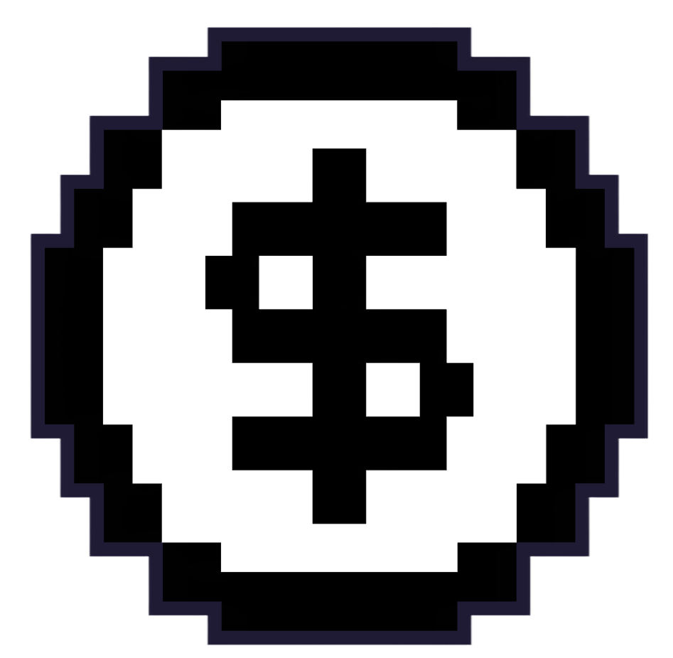 Pixel art style black and white coin with a dollar sign in the center.