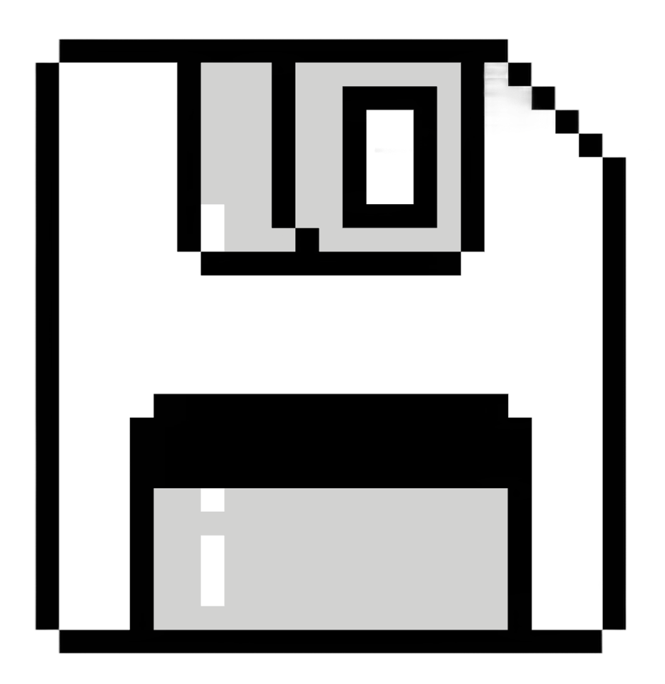 Pixelated black and white floppy disk icon with a grey label area and a corner folded.