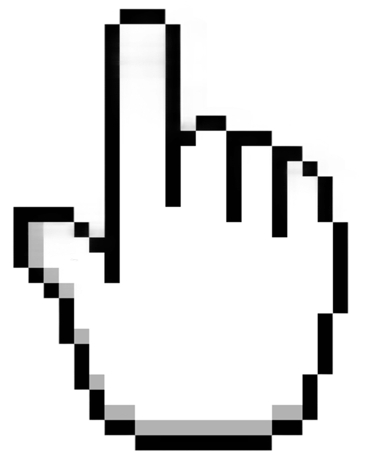 Pixelated white computer pointer hand cursor with index finger pointing up.