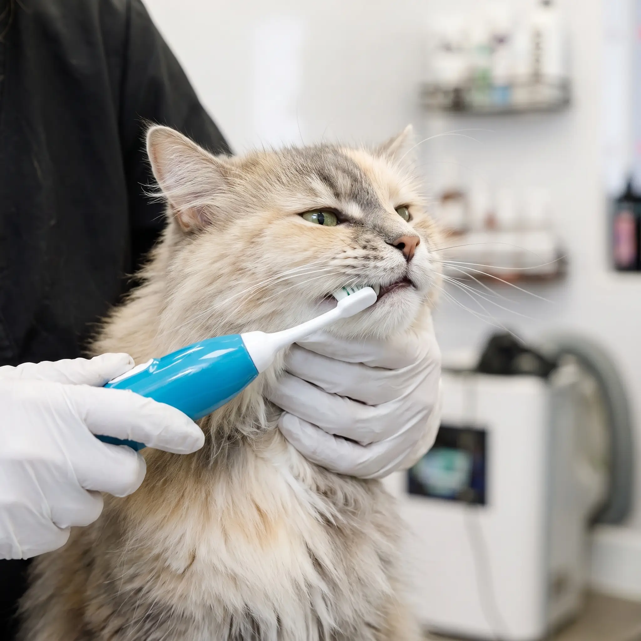 Gentle ultrasonic teeth cleaning for a long-haired cat