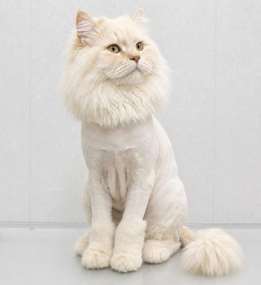 Long-haired cat being gently de-shedded at the salon