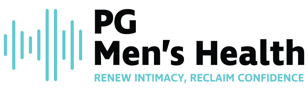 PG Men’s Health logo with teal soundwave icon and tagline Renew Intimacy, Reclaim Confidence.