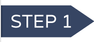 Dark blue arrow graphic pointing right with white text reading Step 1 inside the shape.