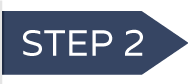 Dark blue arrow graphic pointing right with white text reading Step 2 inside the shape.