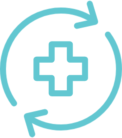 Circular arrows surrounding a medical cross, representing ongoing care, renewal and support.