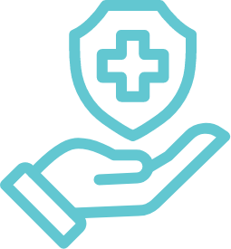 Shield with medical cross hovering above an open hand, symbolising protection, care and safety.