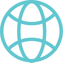 Turquoise globe icon with latitude and longitude lines representing global reach online.