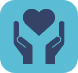 Icon depicting a heart surrounded by two hands, symbolizing care, compassion, and support.
