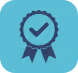 A blue badge featuring a prominent check mark symbolizing approval or verification.