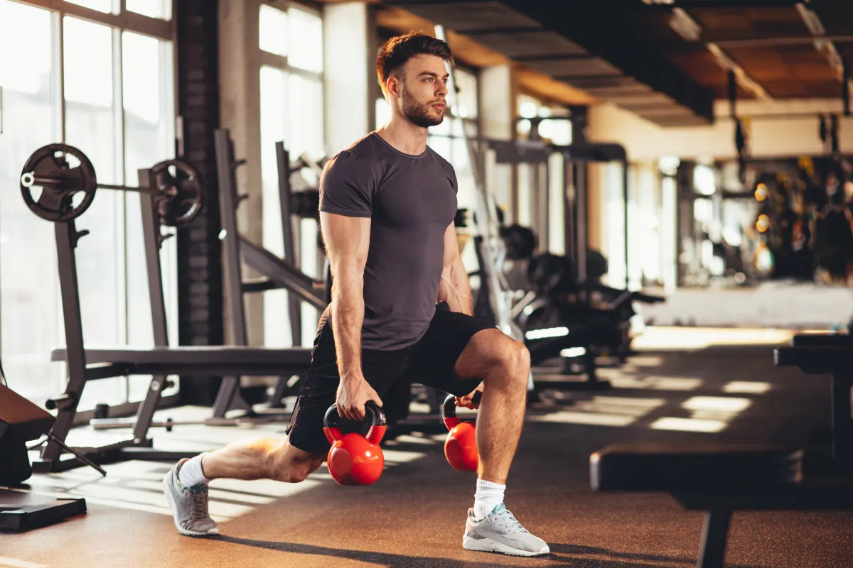 Man performing strength training with kettlebells to support weight loss maintenance, healthy weight management, muscle growth, and long-term fitness success.