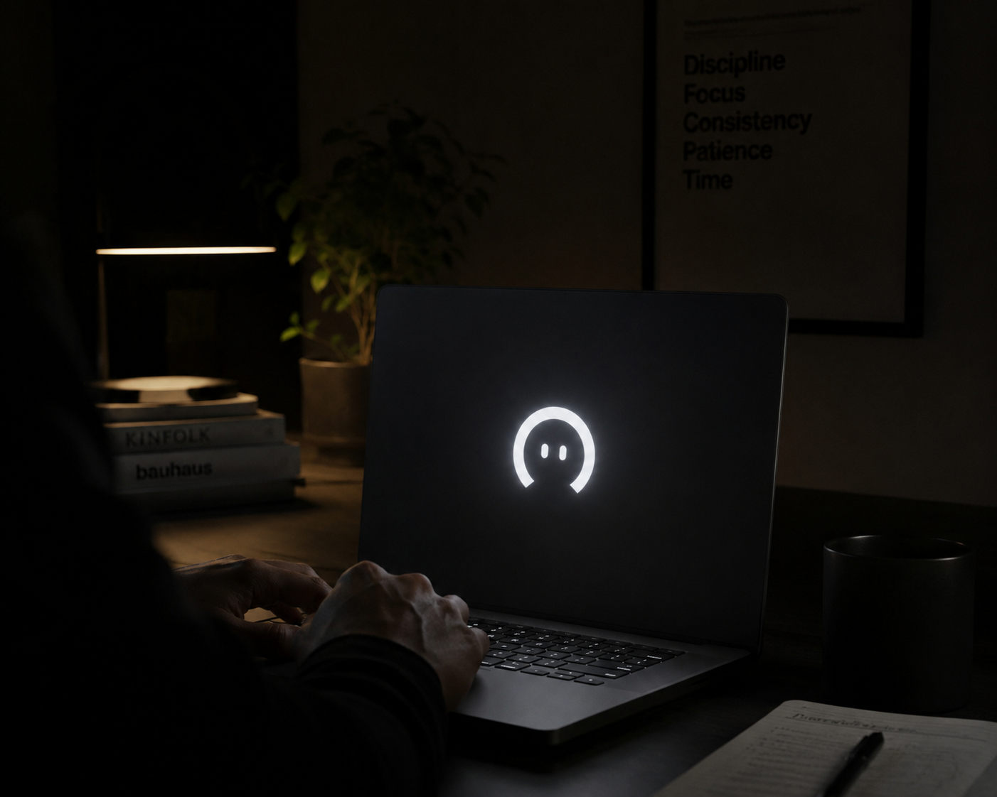 Person typing on a laptop with a glowing circular ghost logo in a dimly lit room.