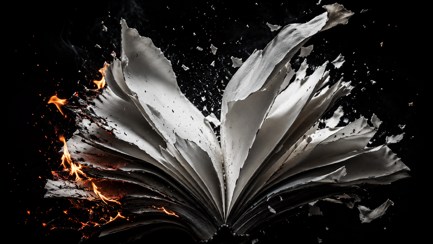 Open book with tattered pages burning and scattering ashes against a black background.