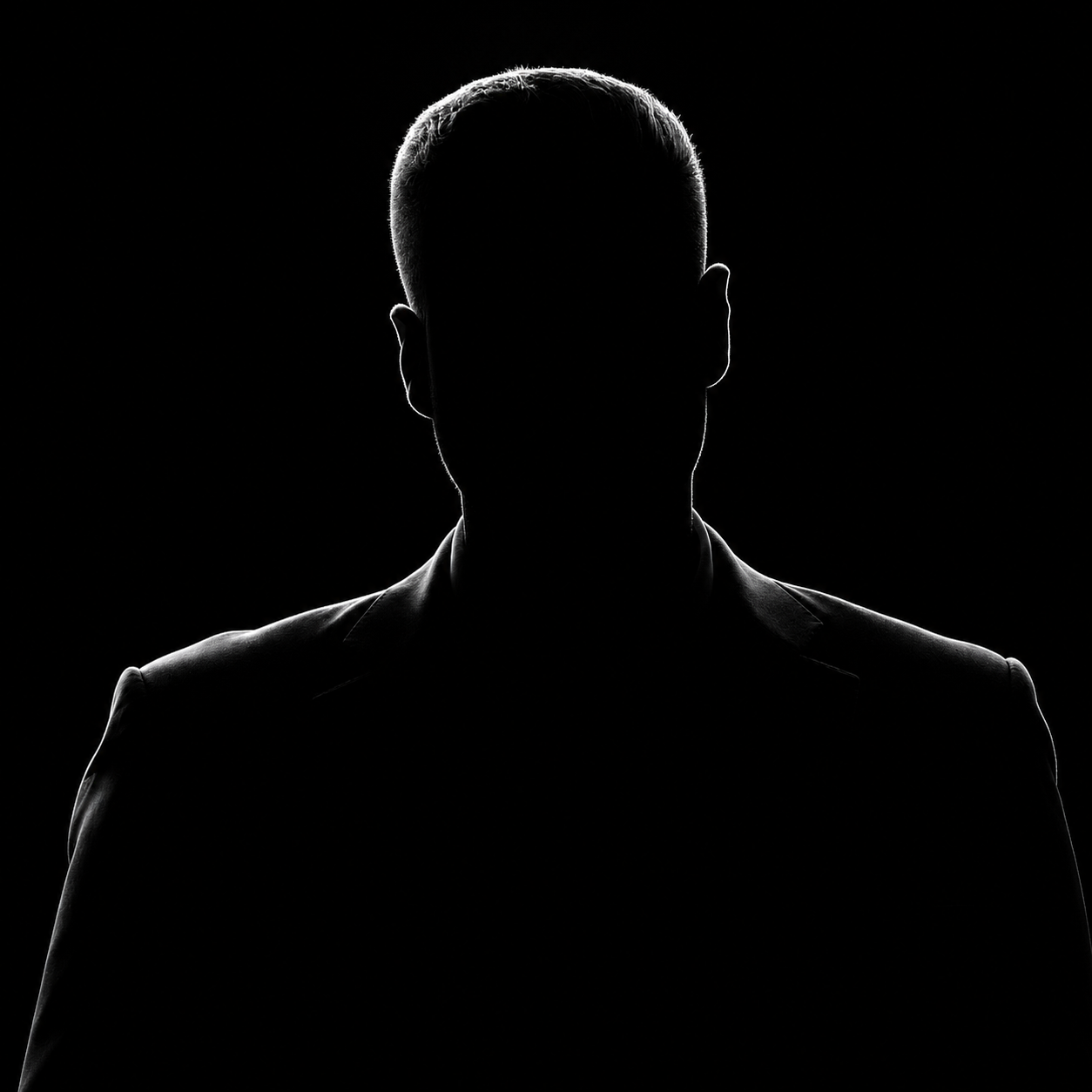 Silhouette of a man with short hair wearing a suit against a black background.