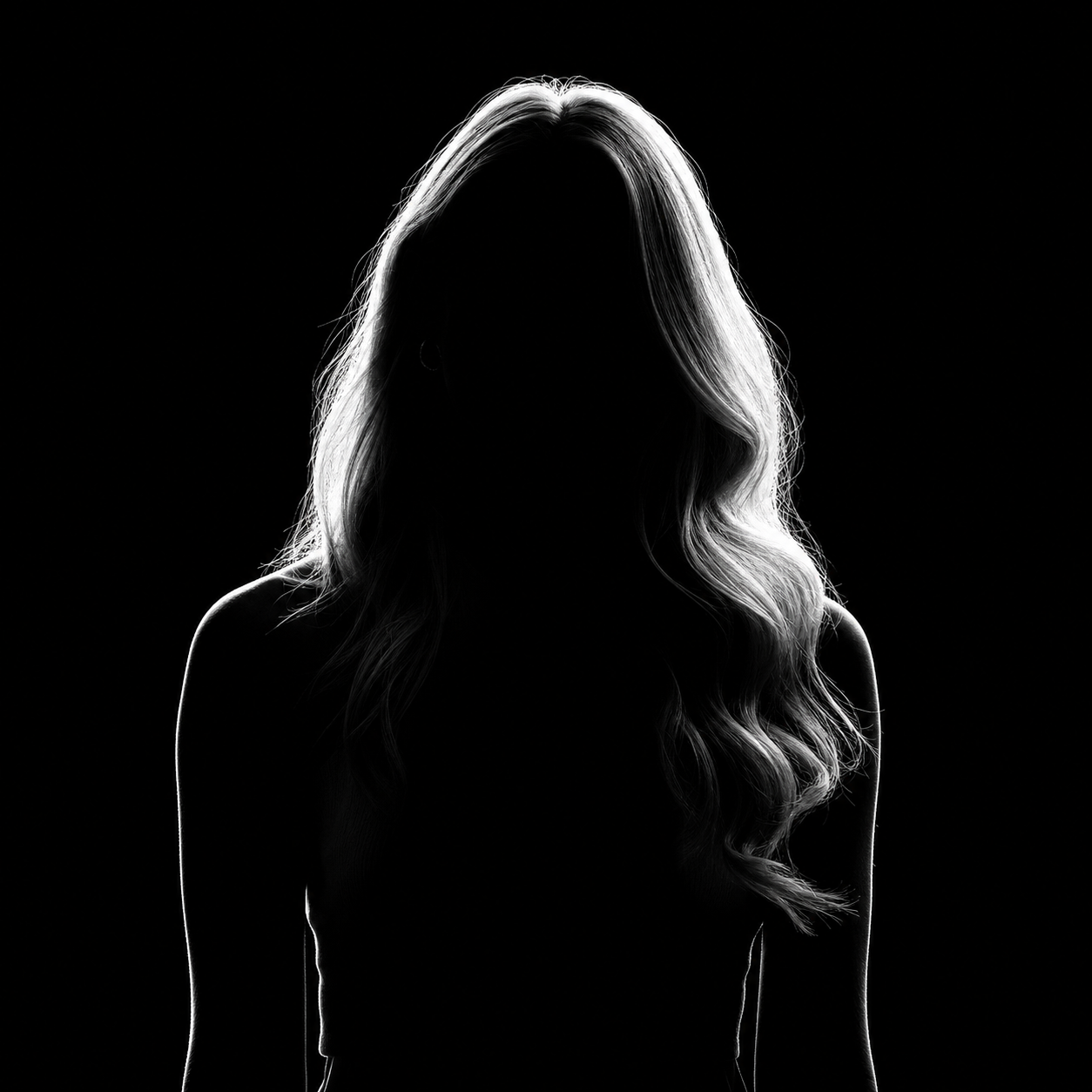 Silhouette of a woman with long wavy hair outlined by bright backlighting on black background.