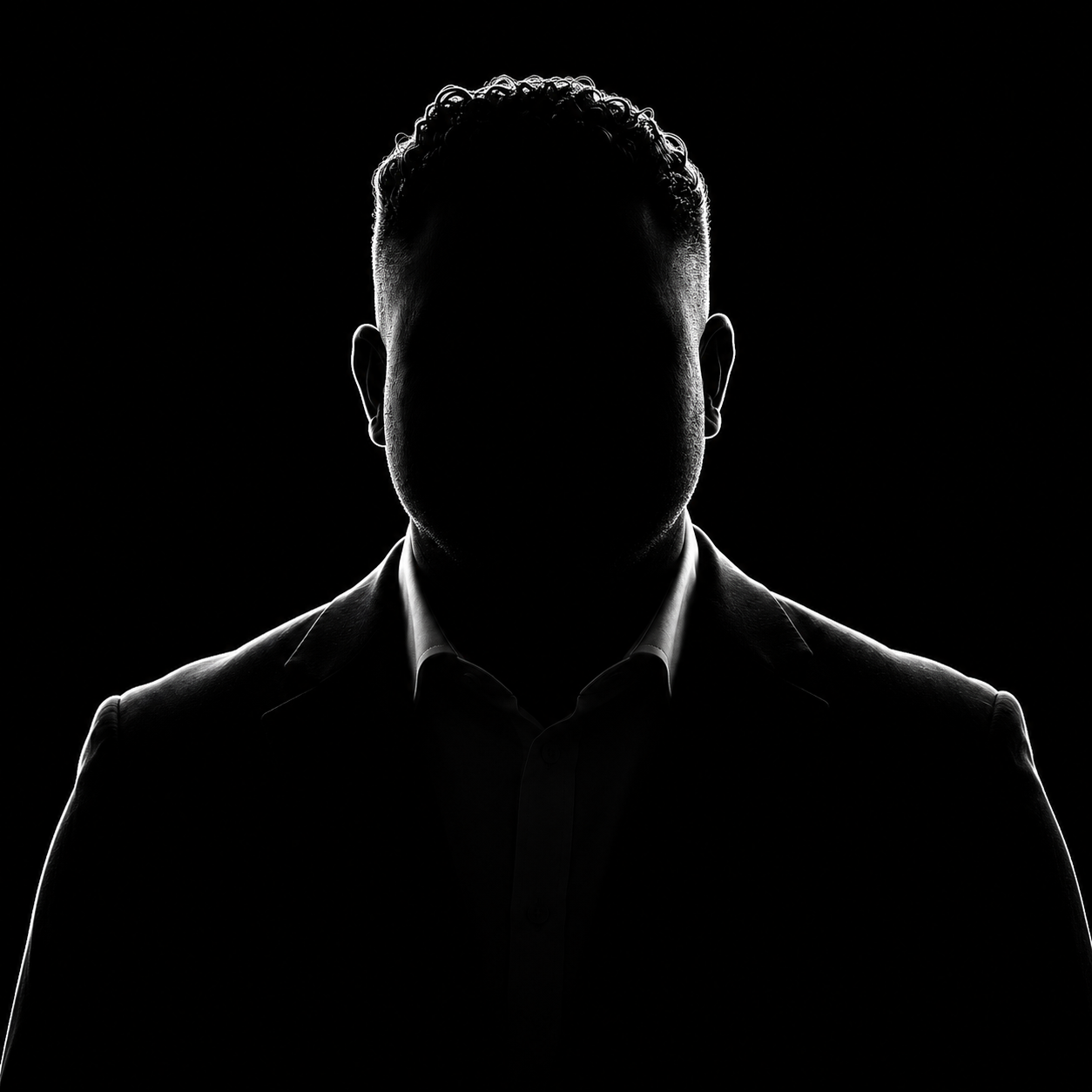Silhouette of a man in a suit against a black background with no facial features visible.