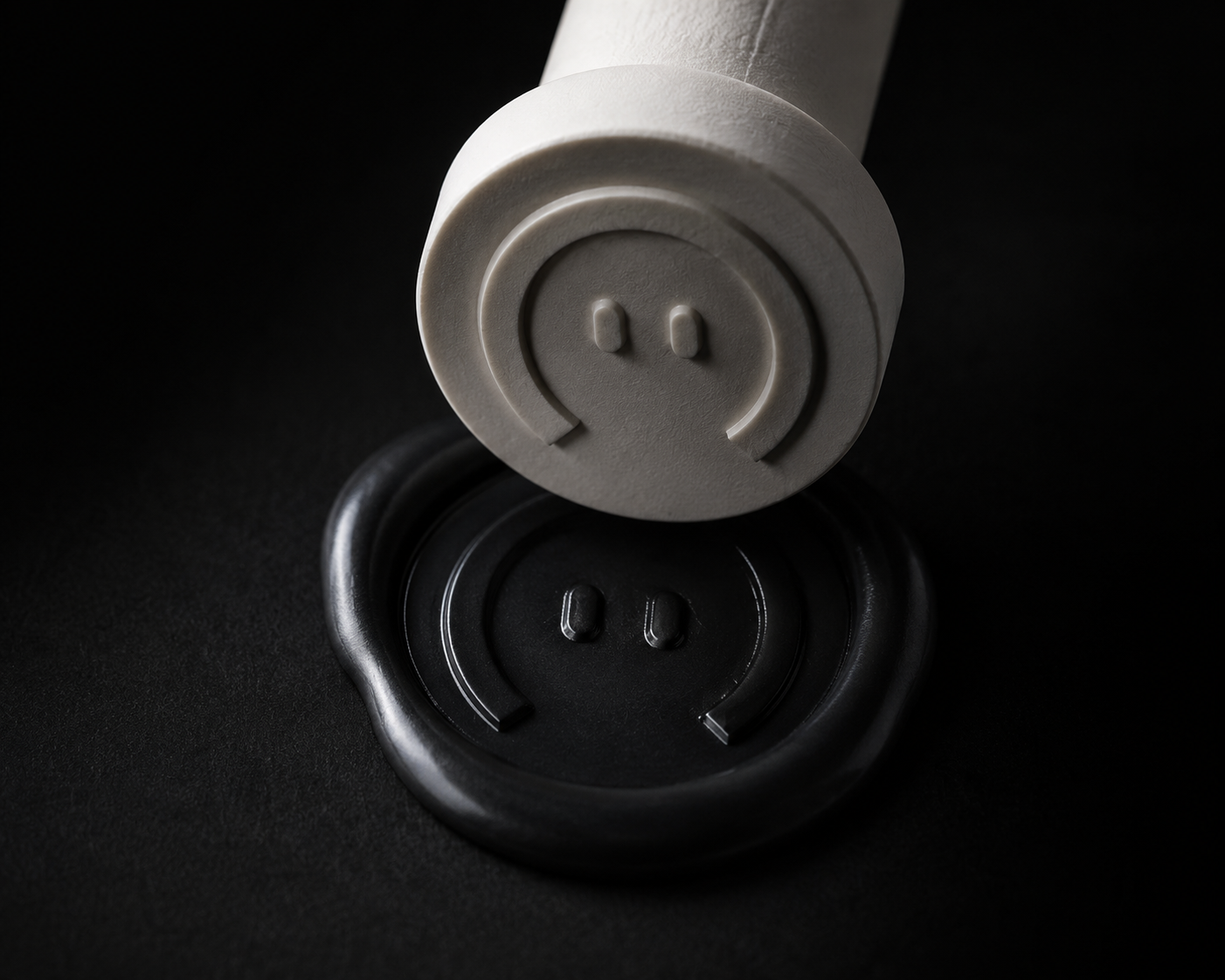 White wax seal stamp creating a black wax imprint with a horseshoe and two dots symbol on black surface.