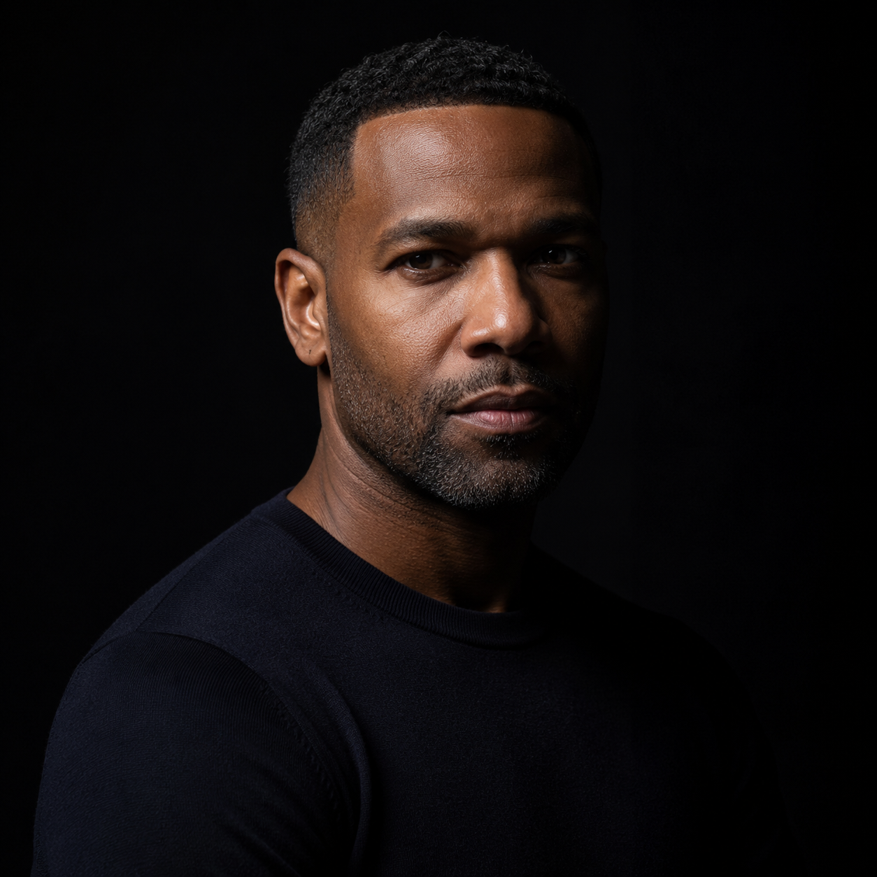 Portrait of a serious man with short curly hair and facial stubble wearing a dark shirt against black background.