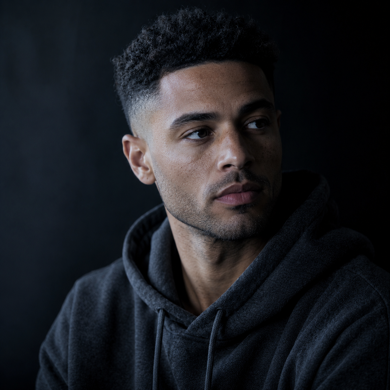 Young man with short curly hair wearing a dark hoodie looking to the side on a black background.
