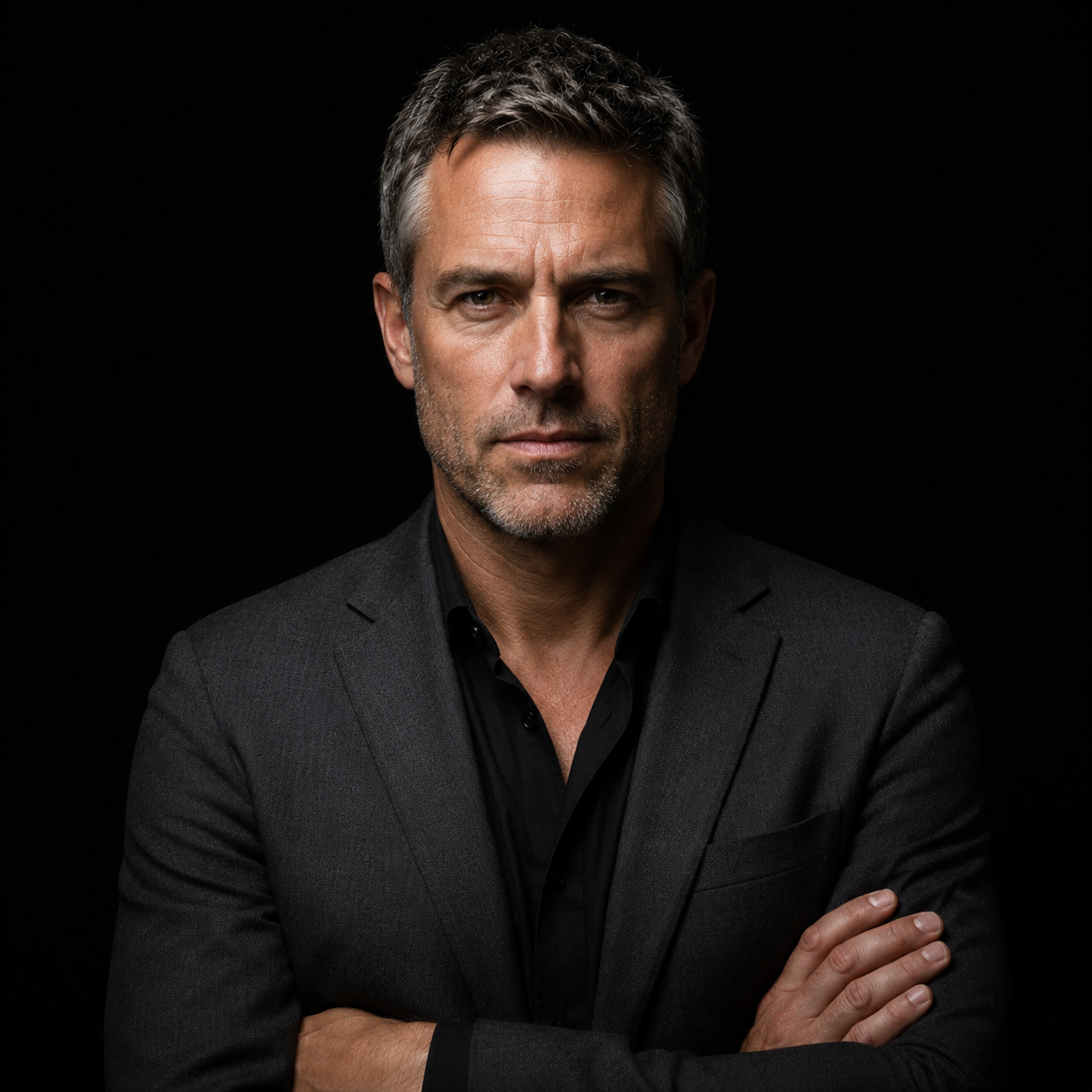 Confident middle-aged man with gray hair and stubble, wearing a dark suit jacket and black shirt, arms crossed.