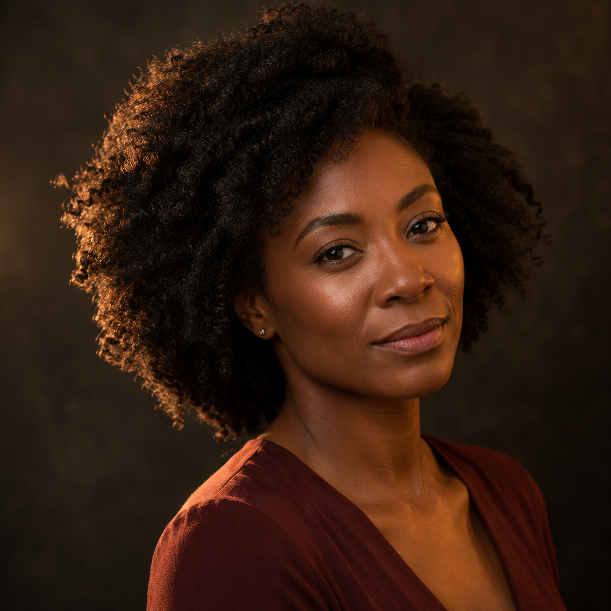 Portrait of a confident woman with natural curly hair wearing a deep red top against a dark background.