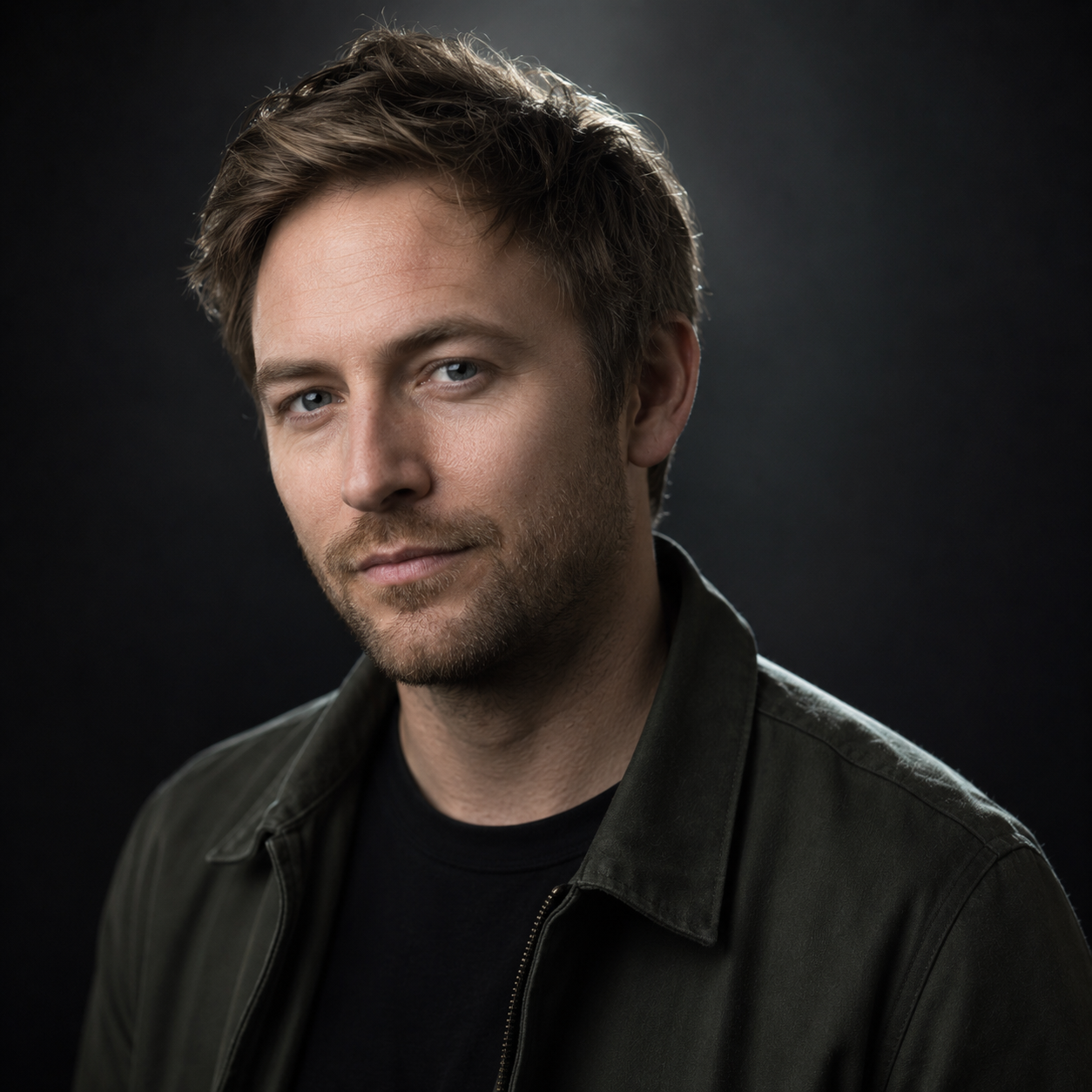 Portrait of a man with light brown hair and blue eyes wearing a dark jacket and black shirt.