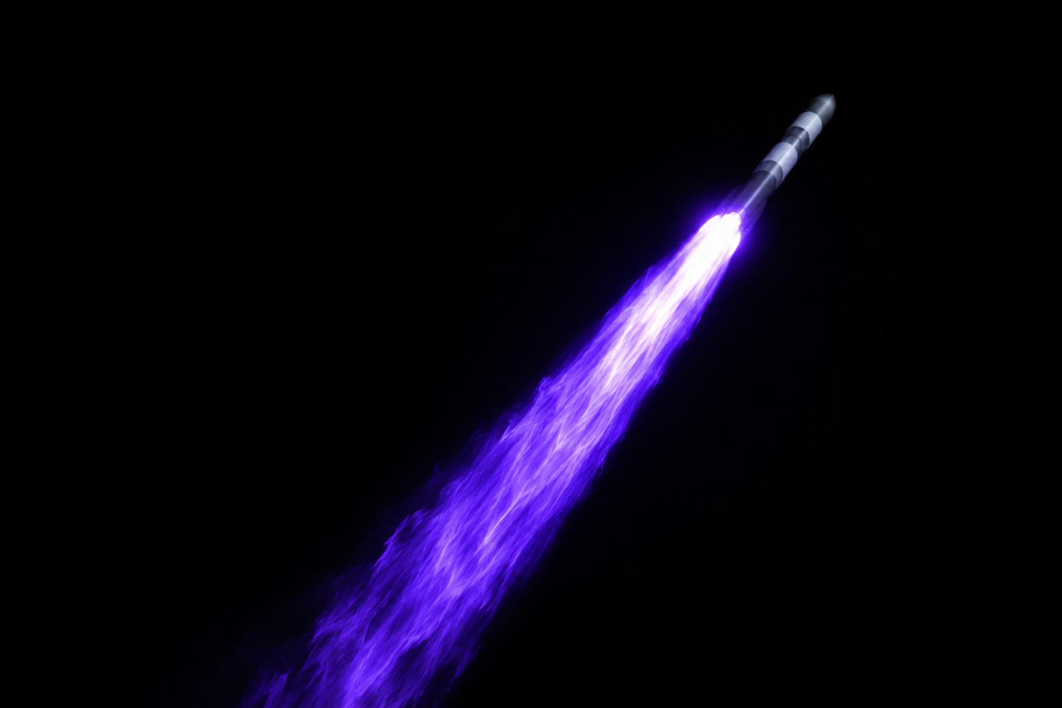 Rocket ascending in space with bright purple exhaust flame against black background.