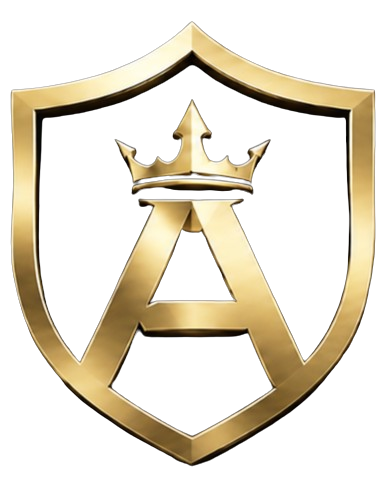 Gold shield emblem with a stylized letter A topped by a crown on a black background.