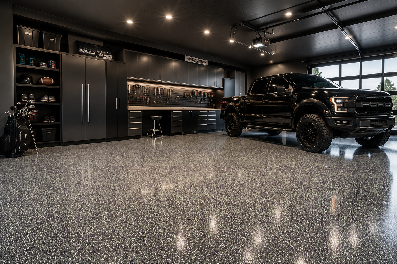 Spacious modern garage with black Ford truck parked, gray polished floor, black cabinets, and golf clubs.