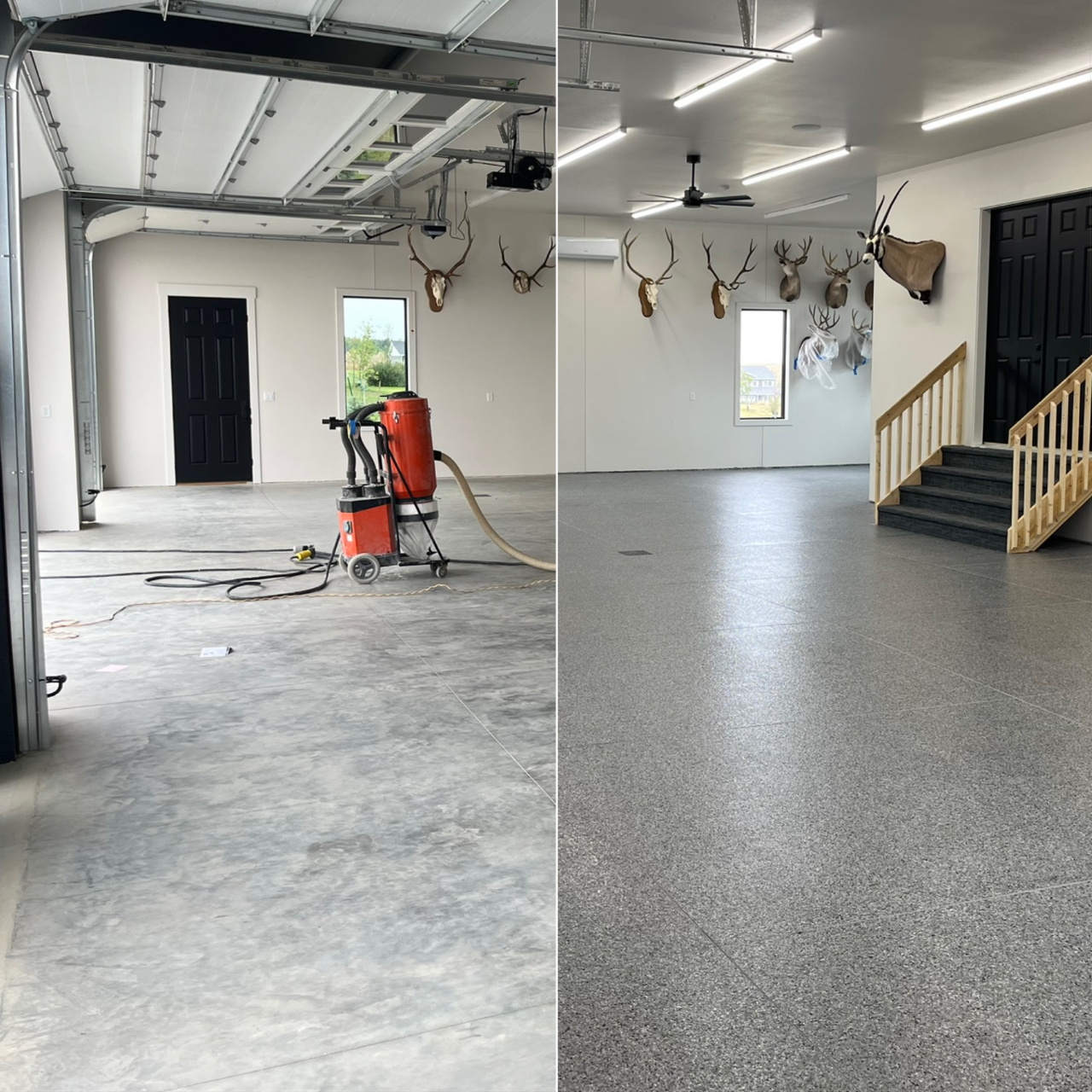 Side by side image of before and after Armour Floors full broadcast gray epoxy floor installation in a garage in Bismarck, ND