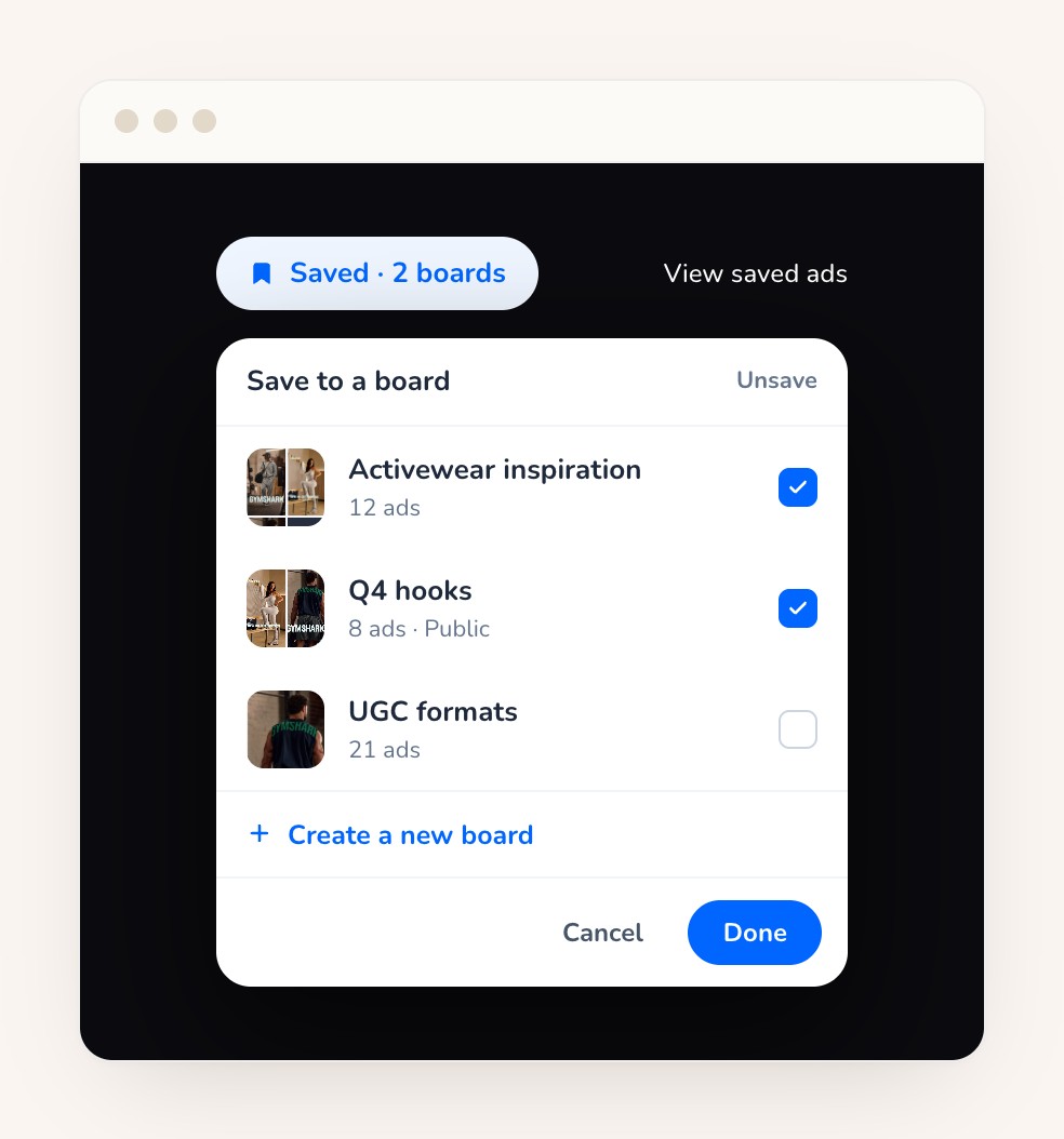 The Wilow board picker saving a competitor ad to two boards inside the ad detail view