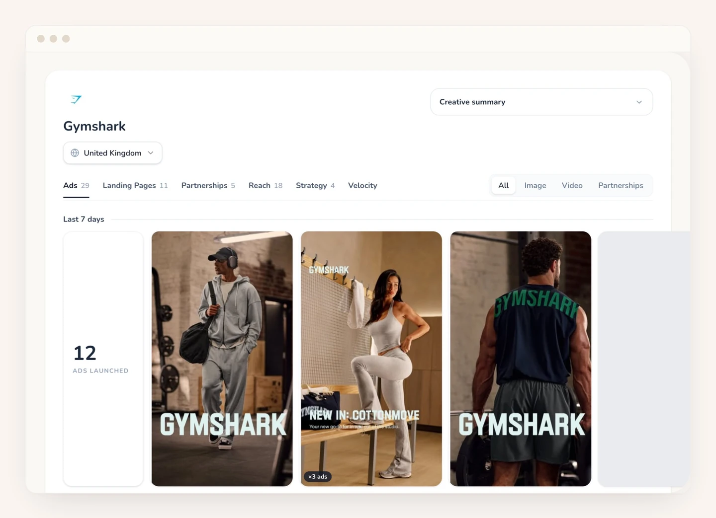 A competitor brand page in Wilow's in-app Ad Library showing live Meta ads, ads launched in the last 7 days, and tabs for landing pages, partnerships, reach, strategy and velocity