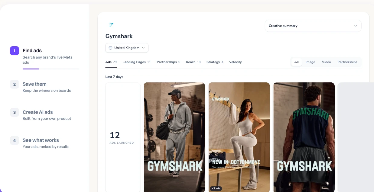 Wilow searching Gymshark's live Meta ads, with the find, save, create and measure steps down the left