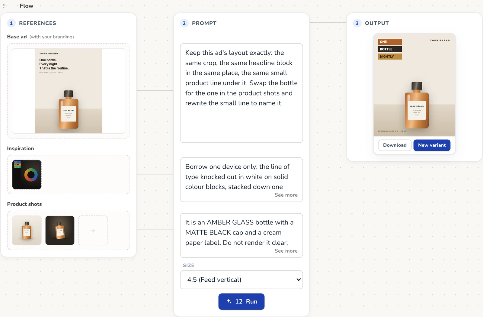Wilow's Ad Studio canvas showing the three stages of a Meta ad generation: references, prompt and the finished ad