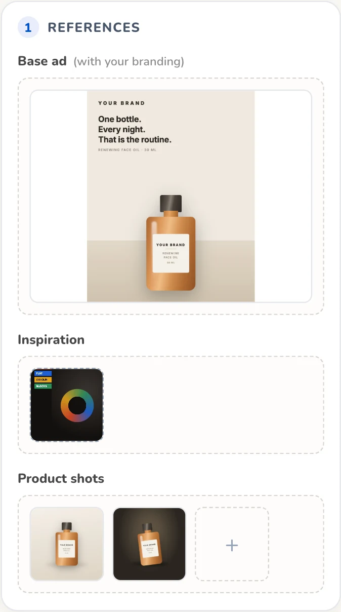 The References stage of Wilow's Ad Studio with a base ad, an inspiration ad and two product shots loaded