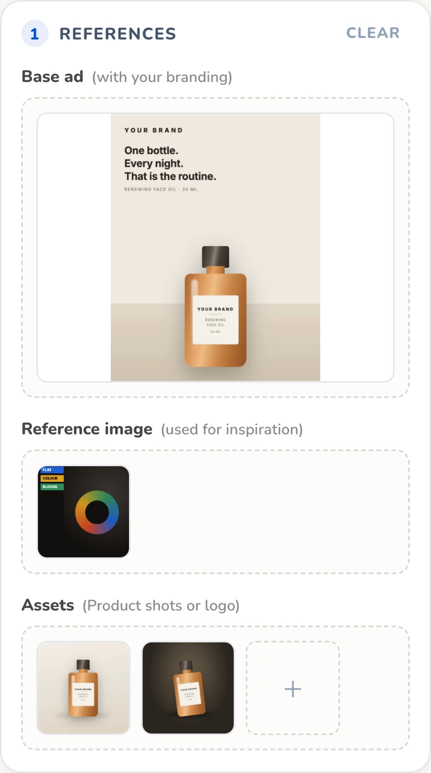 The References stage of Wilow's Ad Studio with a base ad, a reference image and two product shots loaded