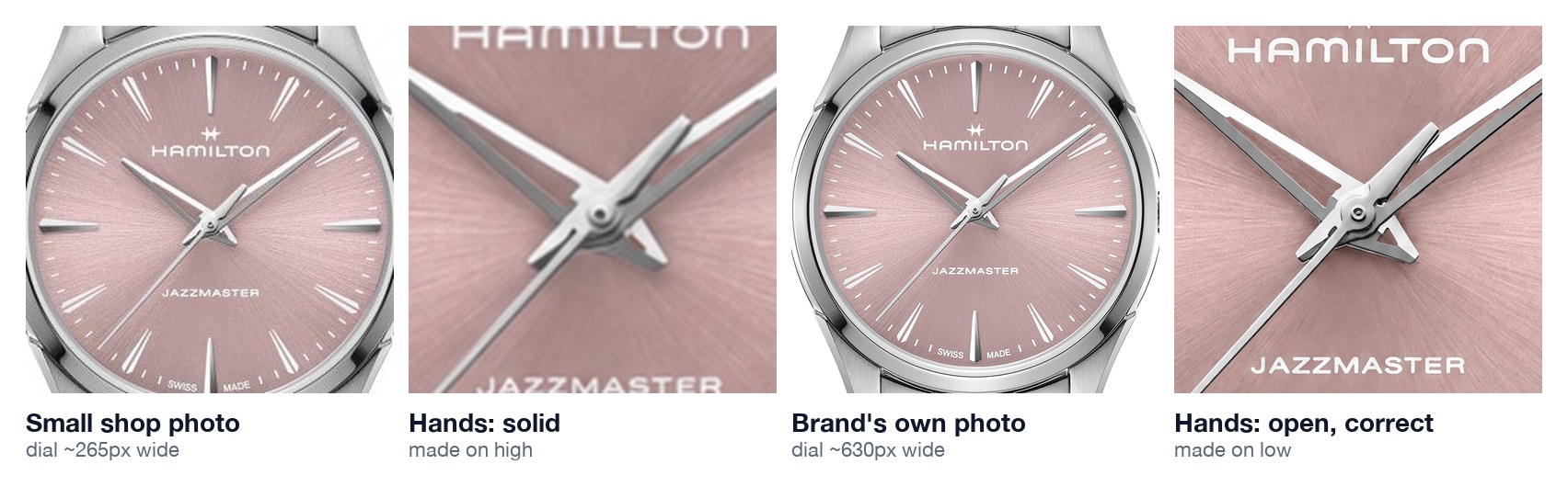 Left: a small shop photo of the watch and the solid hands the model drew from it on high. Right: the brand's own large photo and the correct open hands the model drew from it on low.