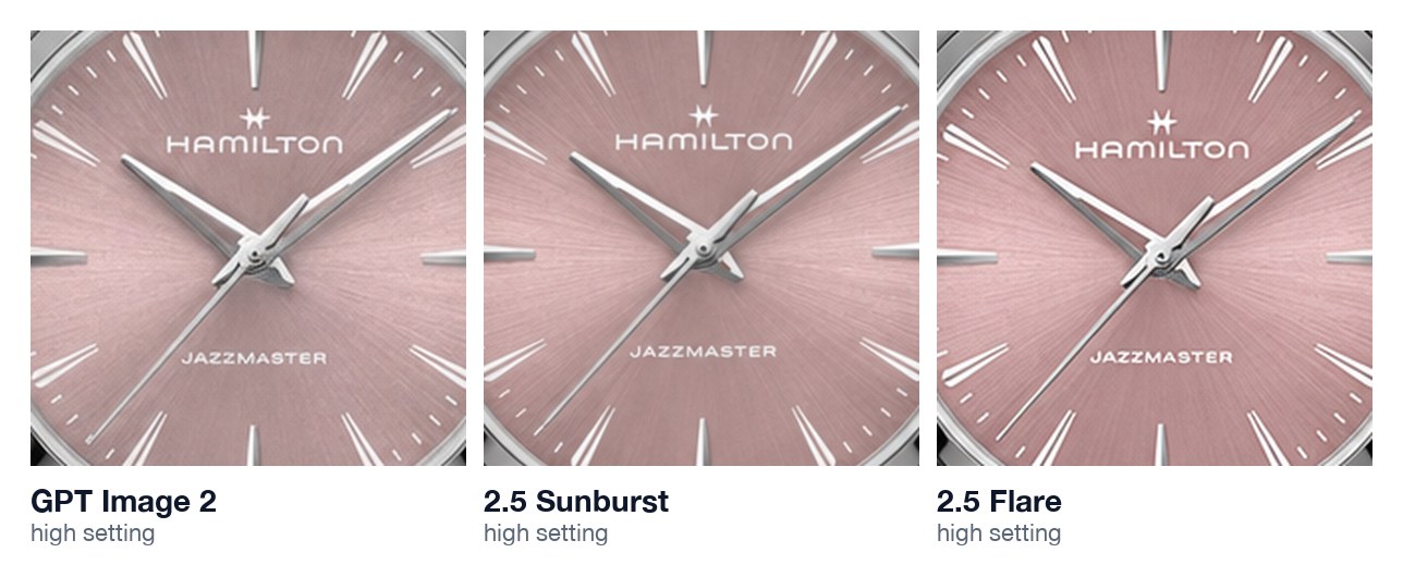 The watch face drawn by GPT Image 2, GPT Image 2.5 Sunburst and GPT Image 2.5 Flare on the high setting. All three look the same.
