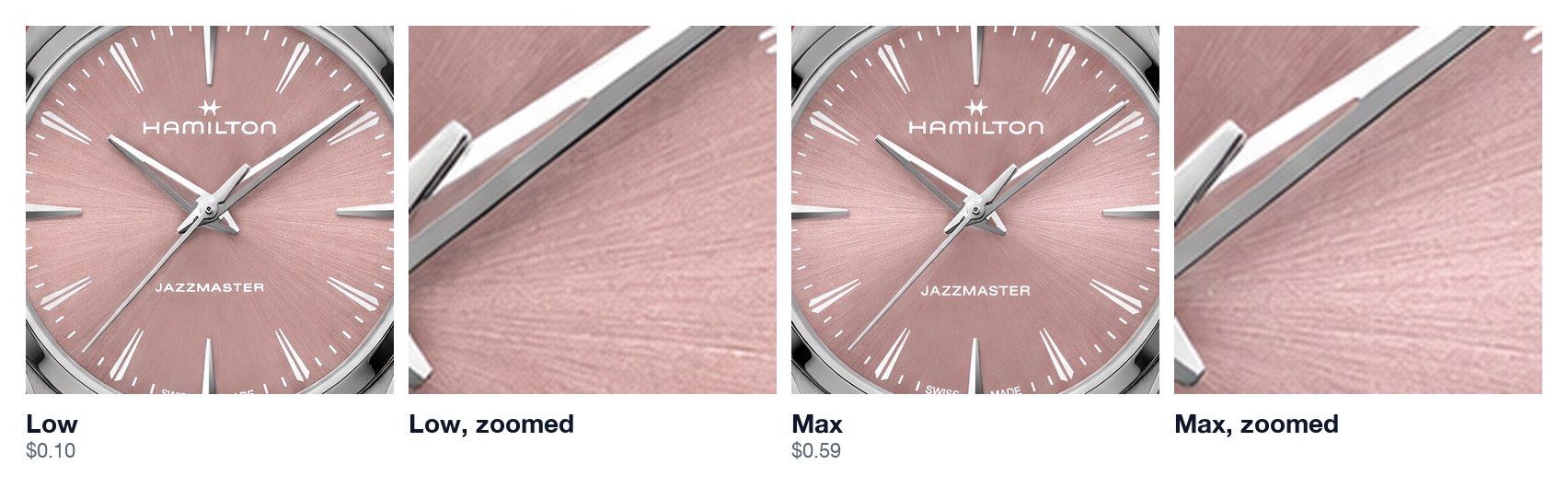 The watch face cut out of the full ad on low and on max, each with an enlarged patch. The low and max versions look the same.
