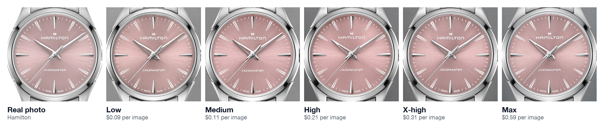 The Hamilton Jazzmaster watch face from the real product photo, next to the same watch face drawn by GPT Image 2.5 on low, medium, high, x-high and max. All five match the photo.