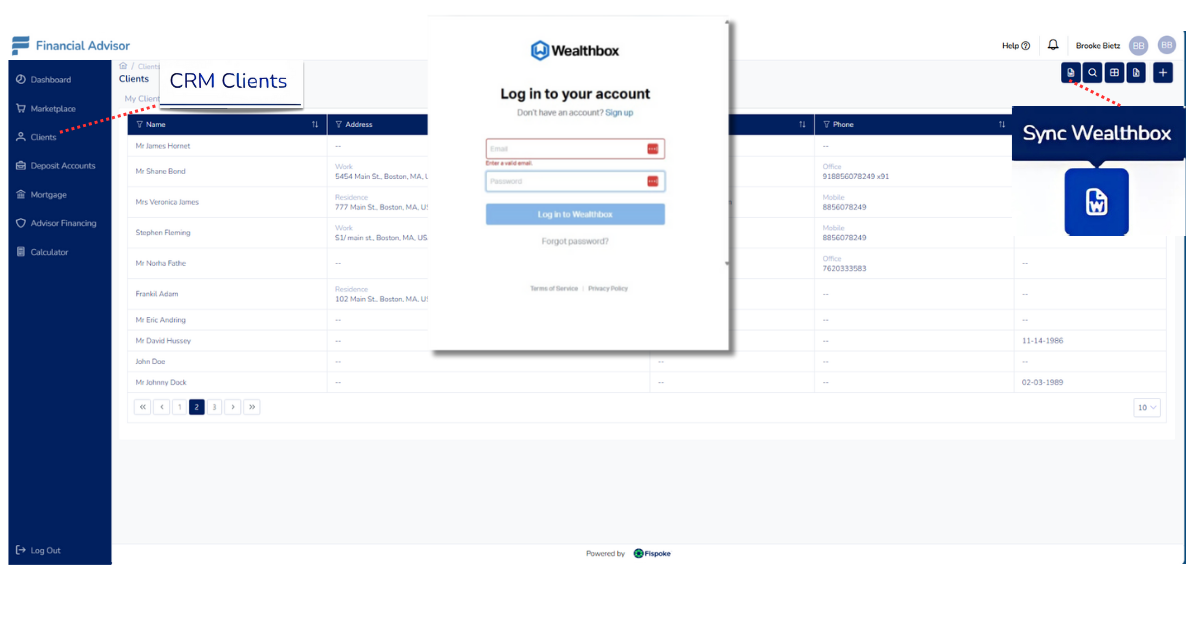 Wealthbox login screen and CRM clients page, with Fispoke + Wealthbox Integration.