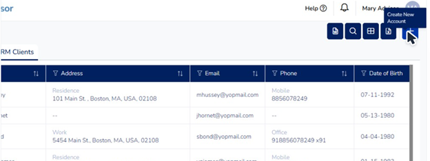 User clicking Create New Account option in CRM interface, as seen in the image.