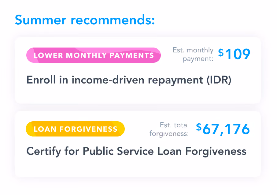 Recommendations for lower monthly payments and loan forgiveness: Enroll in income-driven repayment estimated at $109 monthly, and certify for Public Service Loan Forgiveness with estimated total forgiveness of $67,176.