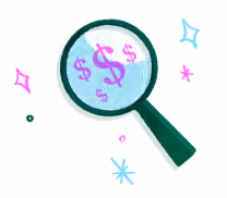 Magnifying glass focusing on multiple pink dollar signs with colorful sparkle accents.