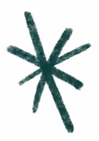 Dark green asterisk symbol with rough, textured brush strokes on white background.