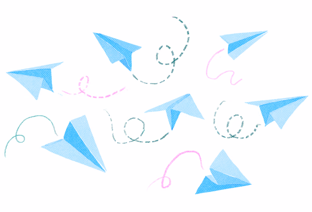 Illustration of seven light blue paper airplanes flying in various directions with green and pink dashed trails on a white background.