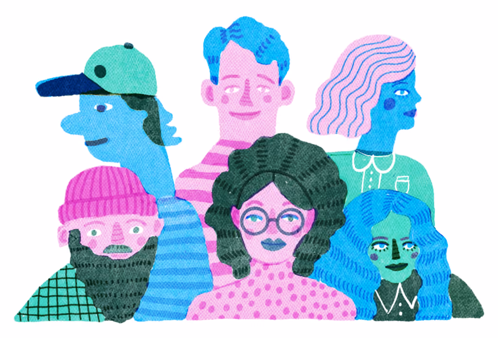 Colorful illustration of six diverse people with various hairstyles, facial hair, and clothing styles.
