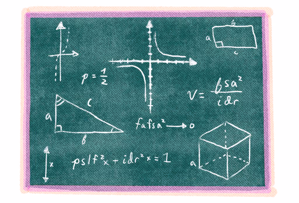 Chalkboard with various mathematical diagrams and formulas including graphs, a right triangle labeled a, b, c, an equation with variables and squares, and a cube sketch.