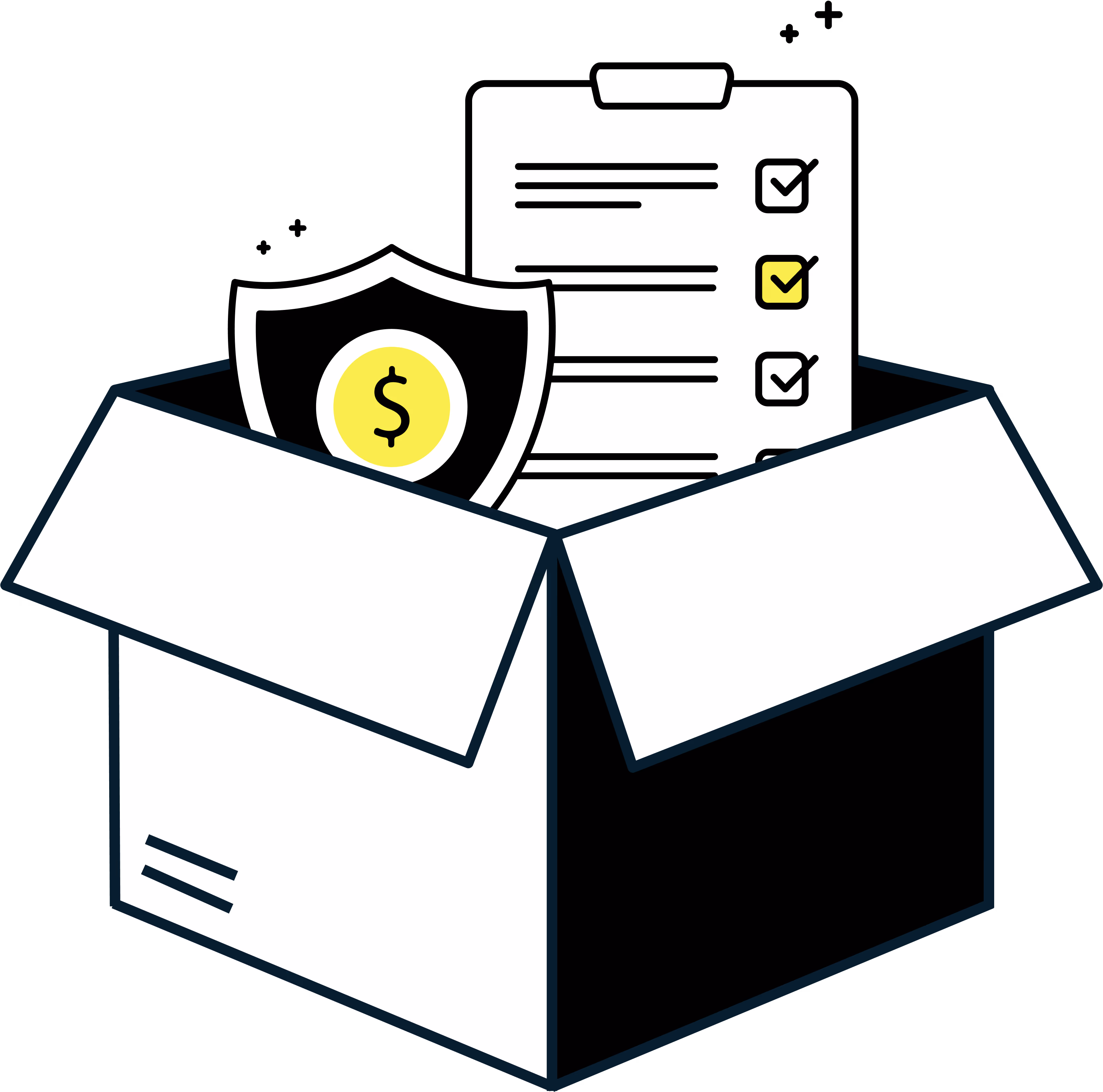 Open cardboard box containing a checklist clipboard with check marks and a shield with a dollar sign.