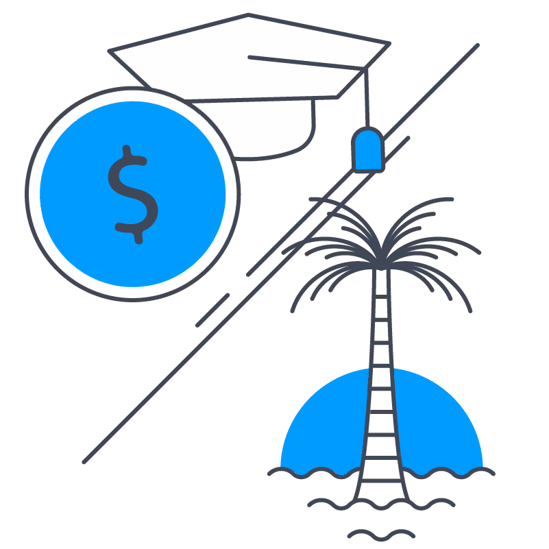 Illustration split diagonally showing a graduation cap with a dollar sign coin on one side and a palm tree with sun and waves on the other.